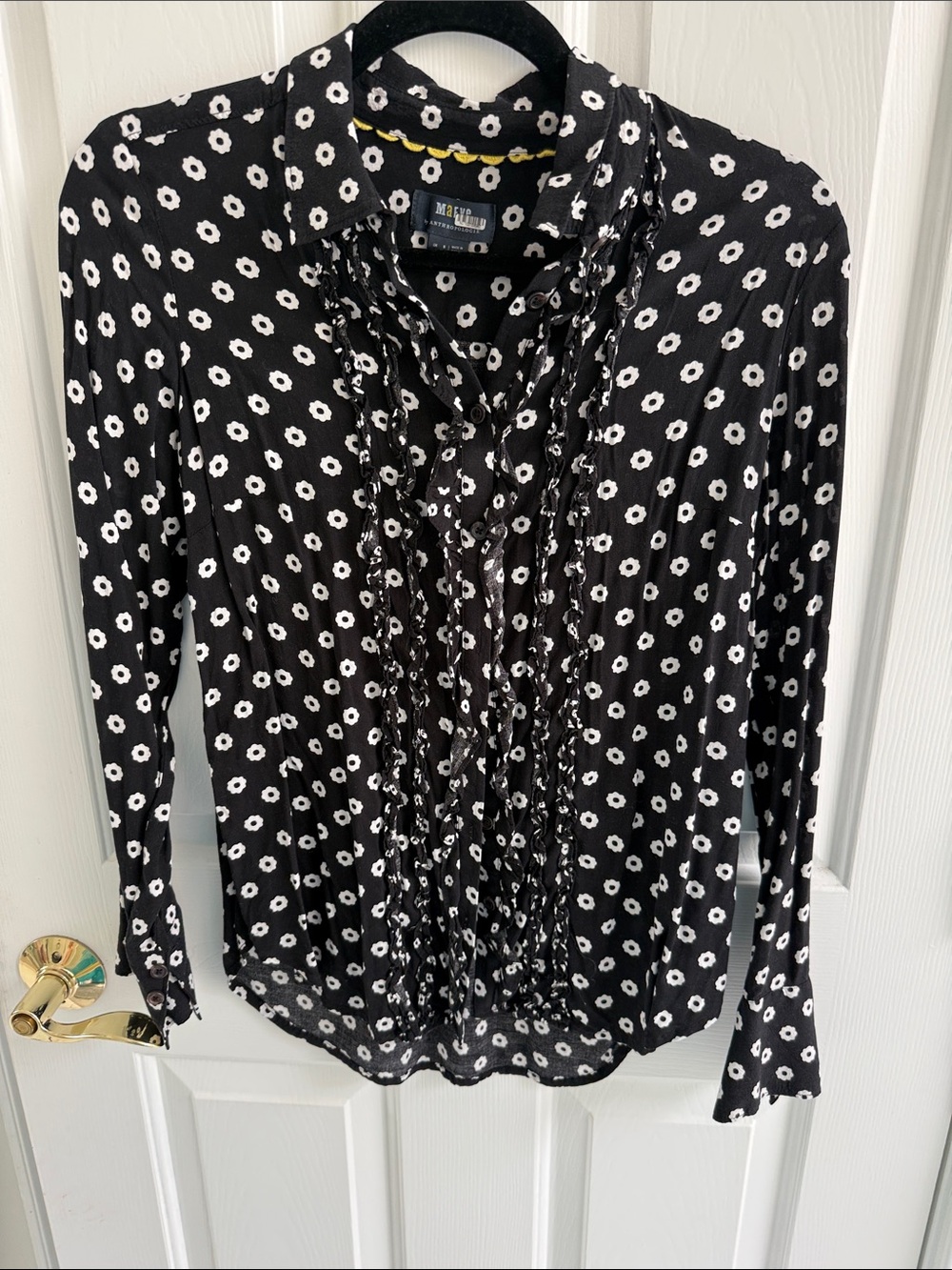 Maeve Black and White Daisy Ruffle-Front Blouse